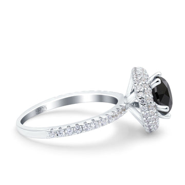 Halo Art Deco Wedding Ring Round Simulated Black CZ 925 Sterling Silver